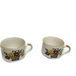 Vintage MCM Style Mug Set Brown Speckled Yellow Orange Embossed Flowers Short